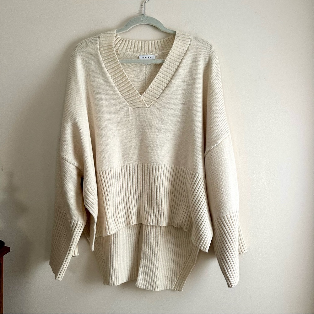 Topshop Cream V-Neck Oversized Ribbed Sweater